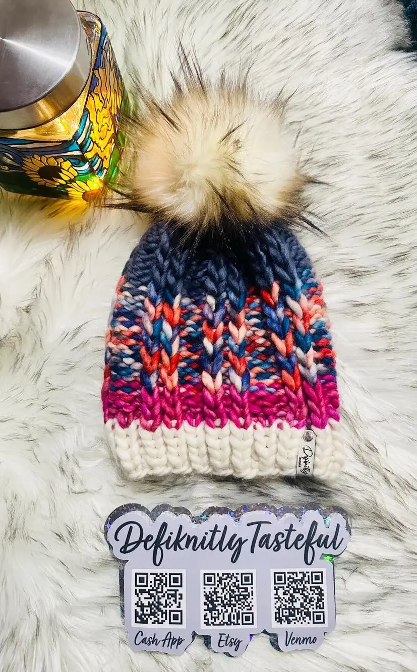 Handmade Scrappy Merino Wool Beanie: Colorful Winter Hat with Faux Fur Pom